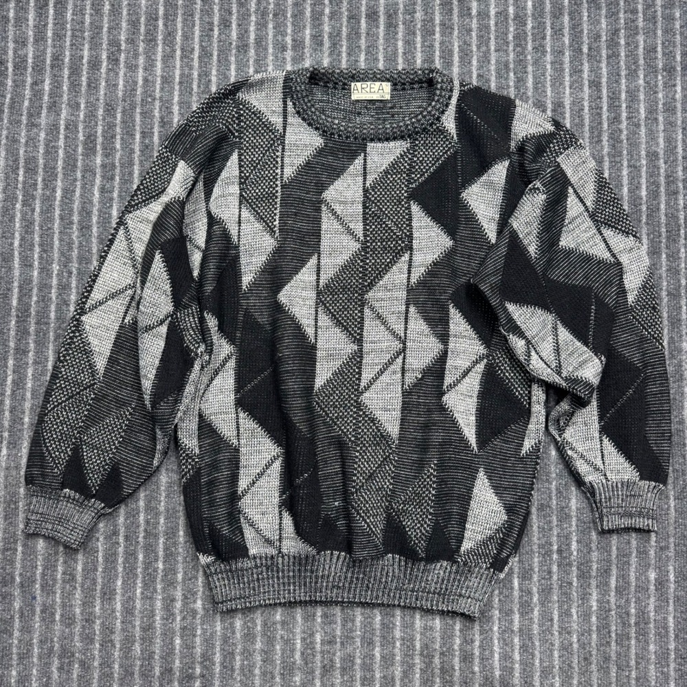 Area by Tag Mens Large Sweater Black Grey Geometric Vintage 90s Acrylic USA